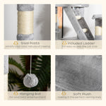 Height-adjustable floor-to-ceiling cat tree with floating hammocks and private sleeping condos