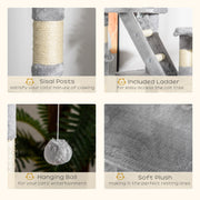 Height-adjustable floor-to-ceiling cat tree with floating hammocks and private sleeping condos