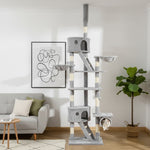 Minimalist floor-to-ceiling cat tower integrated into a modern Scandinavian style living room